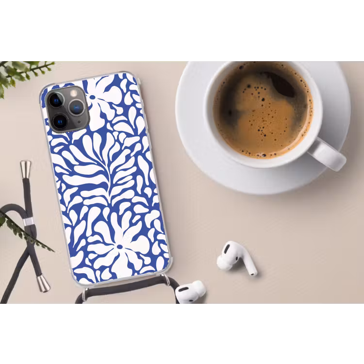 Bloemen patroon - Blauw - Wit - Bladeren Hoesje iPhone 12 Pro met koord klein -oordop