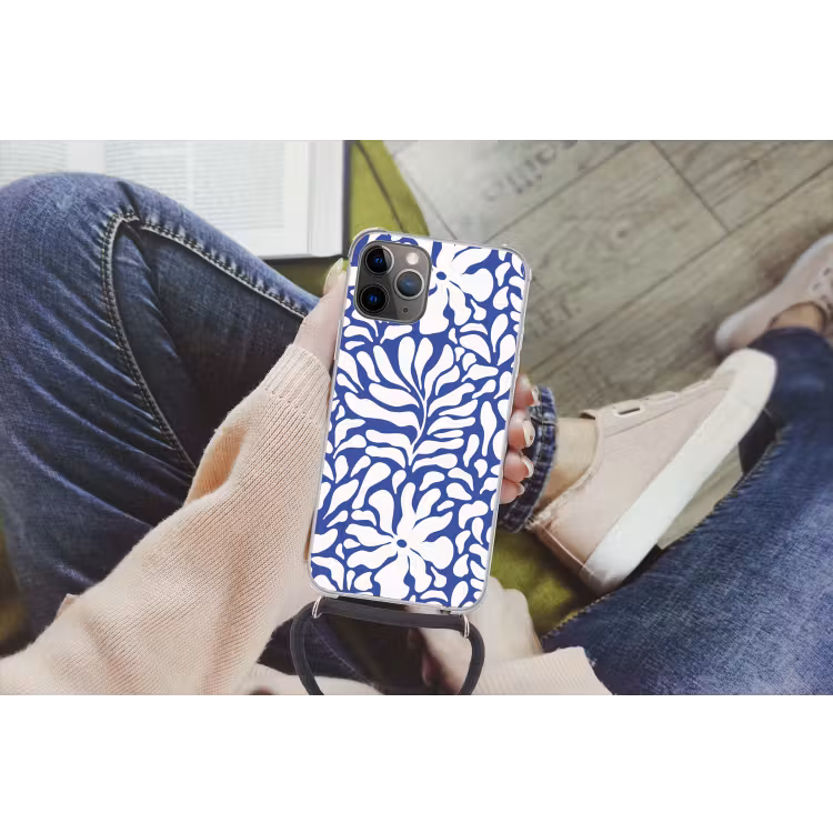 Bloemen patroon - Blauw - Wit - Bladeren Hoesje iPhone 12 Pro met koord klein -hand