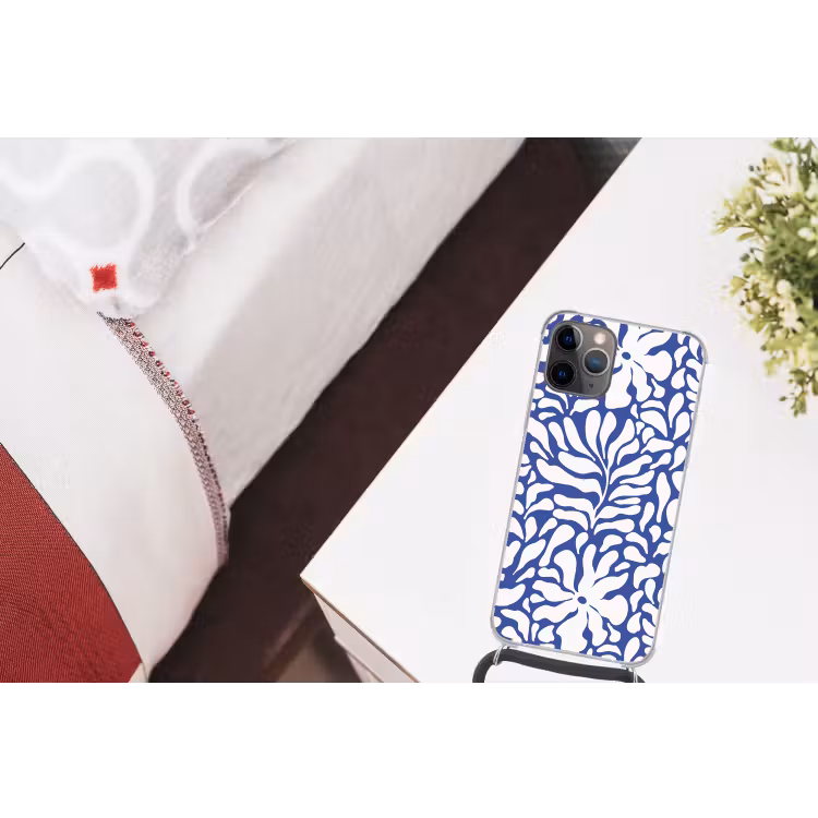Bloemen patroon - Blauw - Wit - Bladeren Hoesje iPhone 12 Pro met koord klein -kamer