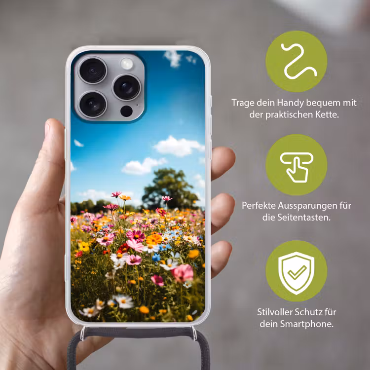 Bloemenweide - Blauw - Lucht - Kleuren Hoesje iPhone 16 Pro Max met koord klein -sfeer2_DE