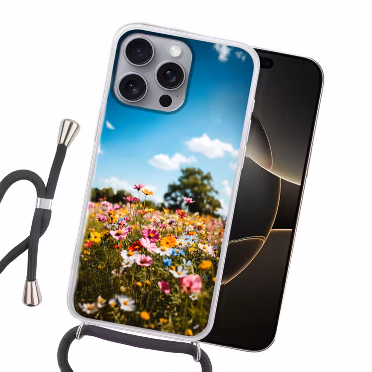 Bloemenweide - Blauw - Lucht - Kleuren Hoesje iPhone 16 Pro Max met koord klein -sfeer1