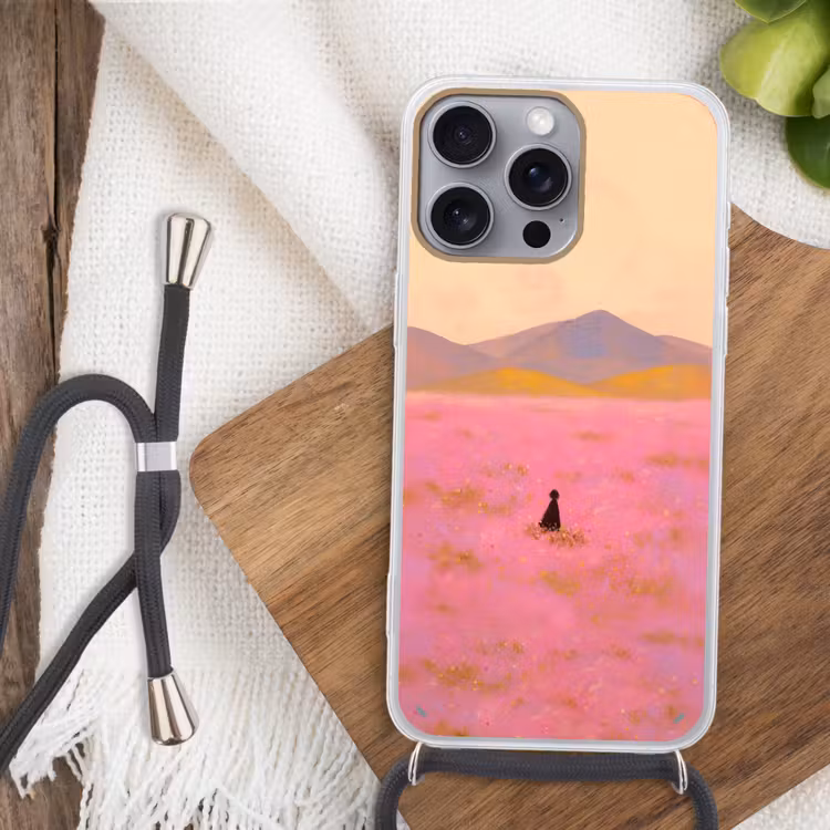 Bloemenweide - Heuvels - Silhouet - Roze Hoesje iPhone 16 Pro Max met koord klein -sfeer4