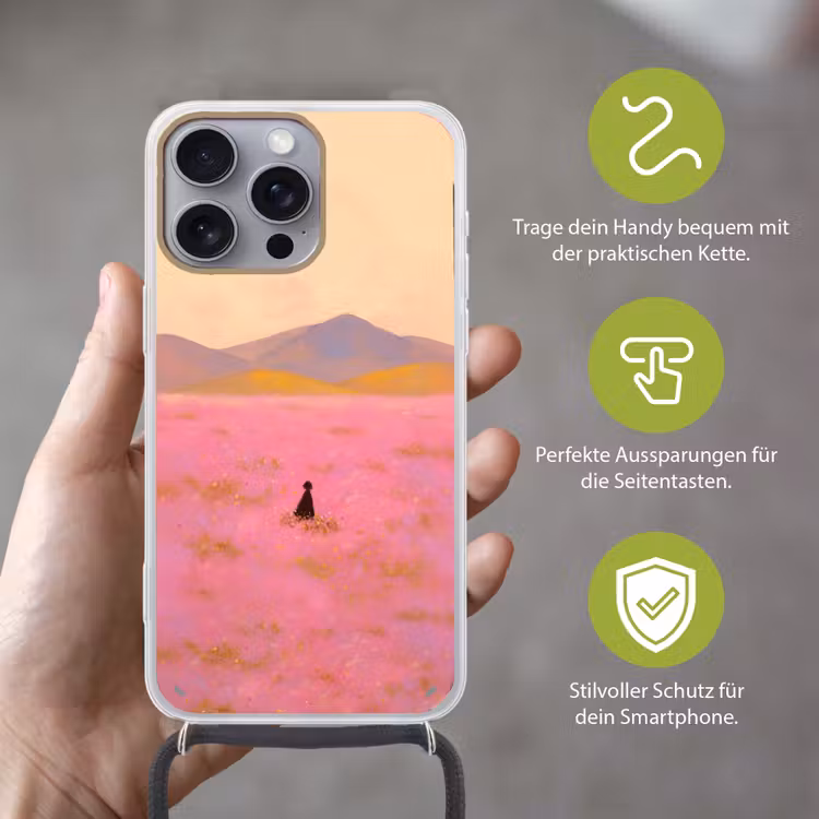 Bloemenweide - Heuvels - Silhouet - Roze Hoesje iPhone 16 Pro Max met koord klein -sfeer2_DE