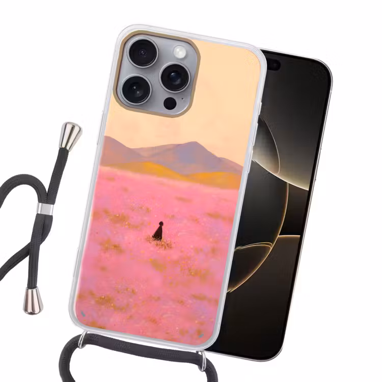 Bloemenweide - Heuvels - Silhouet - Roze Hoesje iPhone 16 Pro Max met koord klein -sfeer1