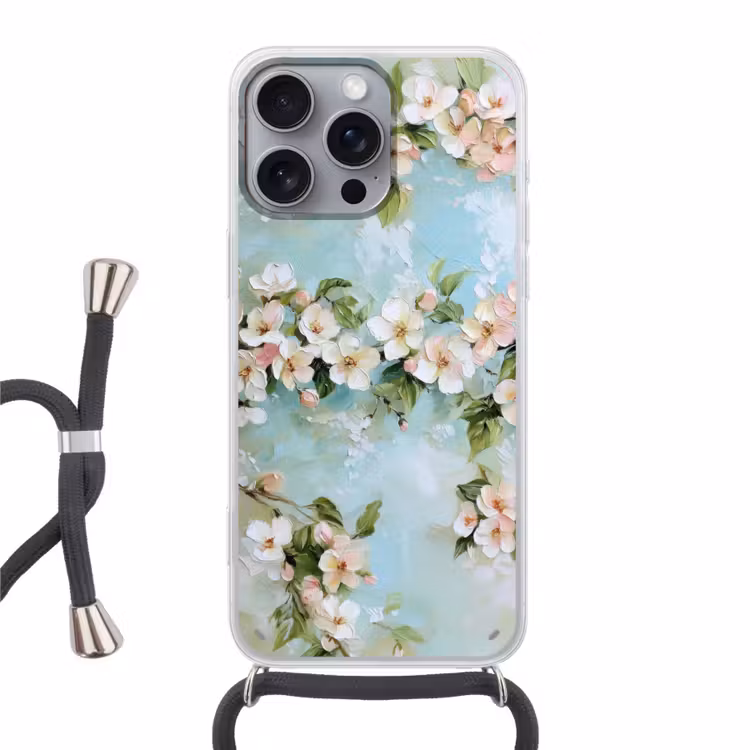 Bloesem - Bladeren - Lichtblauw Hoesje iPhone 16 Pro Max met koord klein -3d