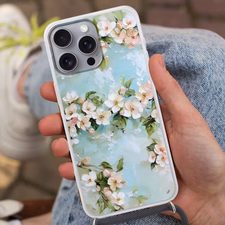 Bloesem - Bladeren - Lichtblauw Hoesje iPhone 16 Pro Max met koord klein -sfeer3