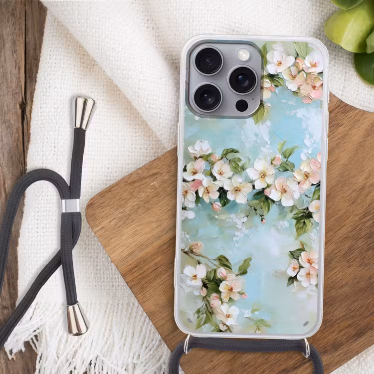 Bloesem - Bladeren - Lichtblauw Hoesje iPhone 16 Pro Max met koord klein -sfeer4