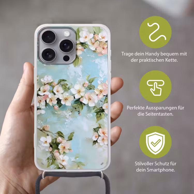 Bloesem - Bladeren - Lichtblauw Hoesje iPhone 16 Pro Max met koord klein -sfeer2_DE