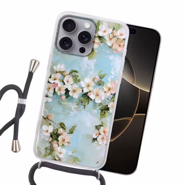 Bloesem - Bladeren - Lichtblauw Hoesje iPhone 16 Pro Max met koord klein -sfeer1