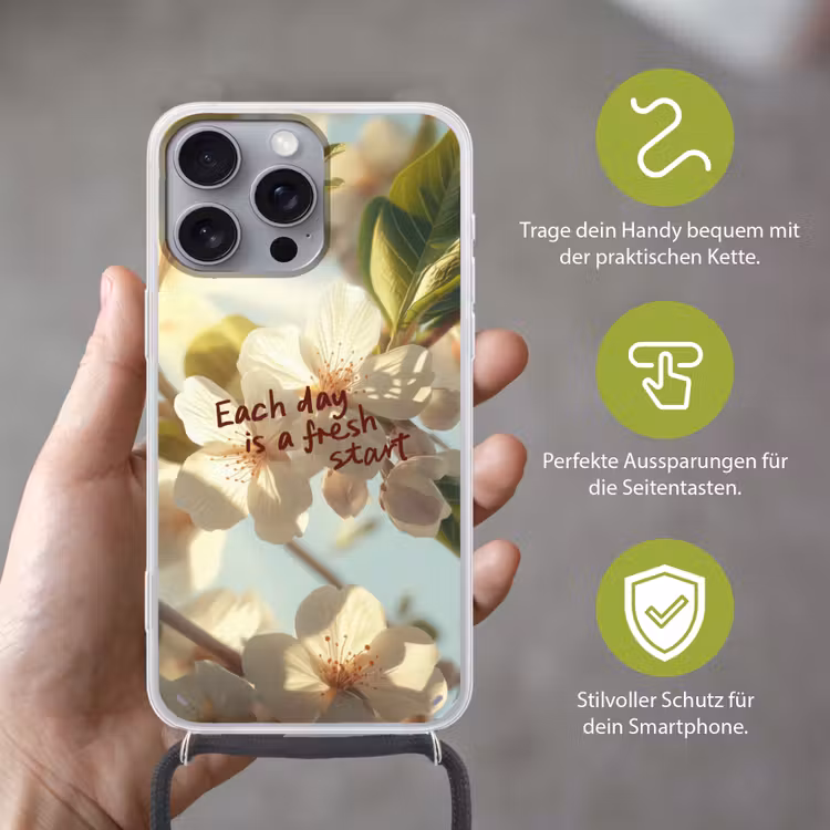 Bloesems - Zonlicht - Quote - Wit Hoesje iPhone 16 Pro Max met koord klein -sfeer2_DE