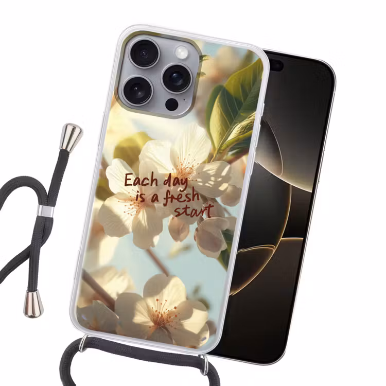 Bloesems - Zonlicht - Quote - Wit Hoesje iPhone 16 Pro Max met koord klein -sfeer1