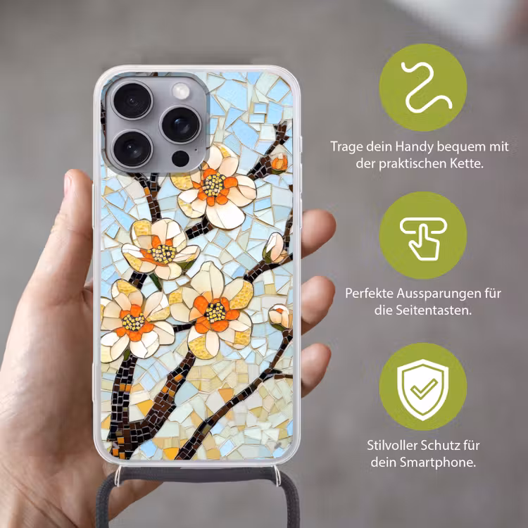 Bloesems - Wit - Mozaïek - Tak Hoesje iPhone 16 Pro Max met koord klein -sfeer2_DE
