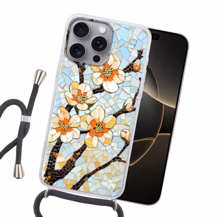 Bloesems - Wit - Mozaïek - Tak Hoesje iPhone 16 Pro Max met koord klein -sfeer1