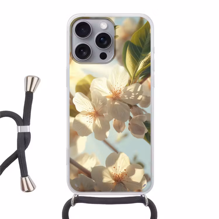 Bloesems - Wit - Zonnestralen - Bloemblaadjes Hoesje iPhone 16 Pro Max met koord klein -3d
