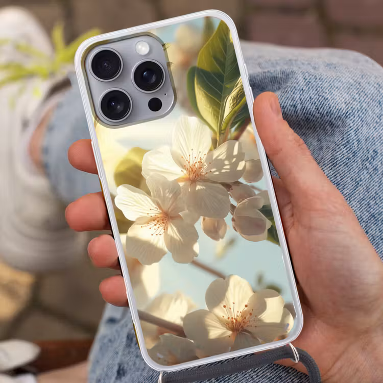 Bloesems - Wit - Zonnestralen - Bloemblaadjes Hoesje iPhone 16 Pro Max met koord klein -sfeer3