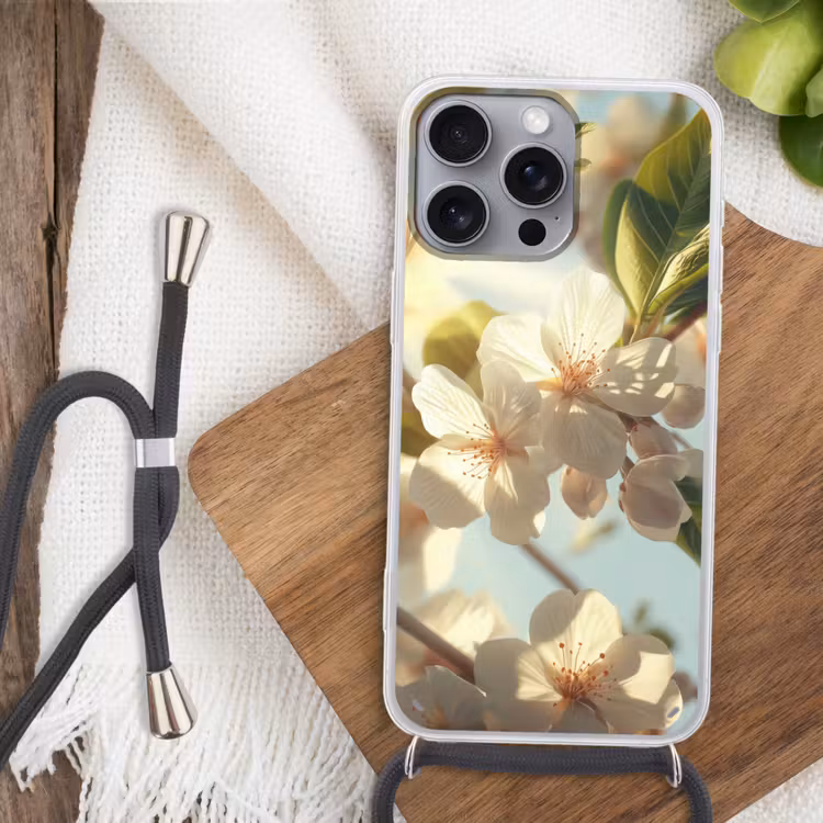 Bloesems - Wit - Zonnestralen - Bloemblaadjes Hoesje iPhone 16 Pro Max met koord klein -sfeer4