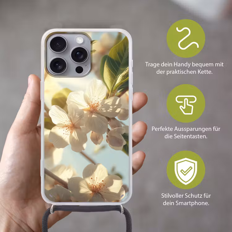 Bloesems - Wit - Zonnestralen - Bloemblaadjes Hoesje iPhone 16 Pro Max met koord klein -sfeer2_DE