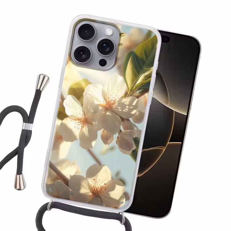 Bloesems - Wit - Zonnestralen - Bloemblaadjes Hoesje iPhone 16 Pro Max met koord klein -sfeer1
