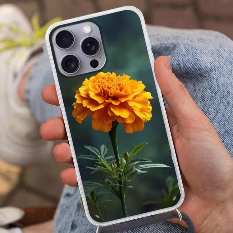 Bloemblaadjes - Afrikaan - Oranje - Wazig Hoesje iPhone 16 Pro Max met koord klein -sfeer3