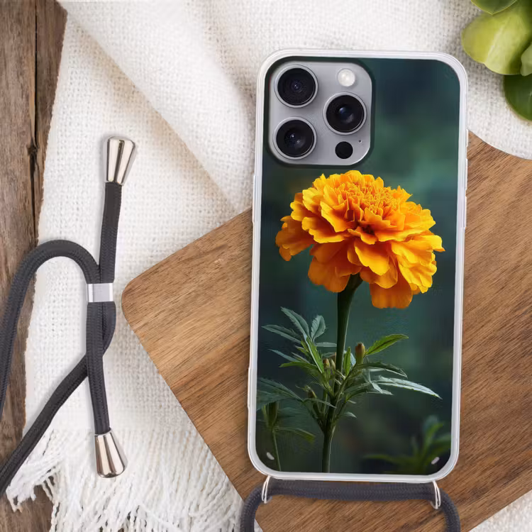 Bloemblaadjes - Afrikaan - Oranje - Wazig Hoesje iPhone 16 Pro Max met koord klein -sfeer4