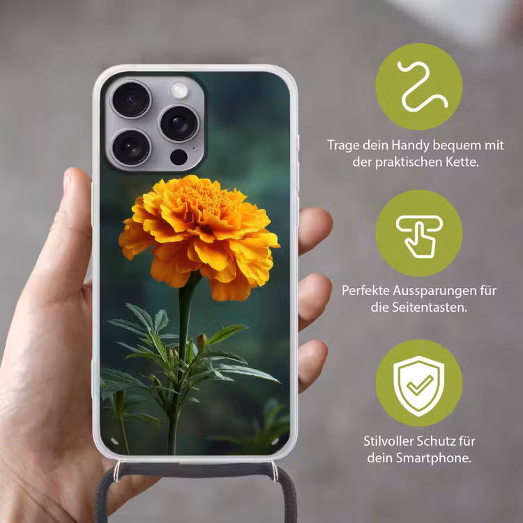 Bloemblaadjes - Afrikaan - Oranje - Wazig Hoesje iPhone 16 Pro Max met koord klein -sfeer2_DE
