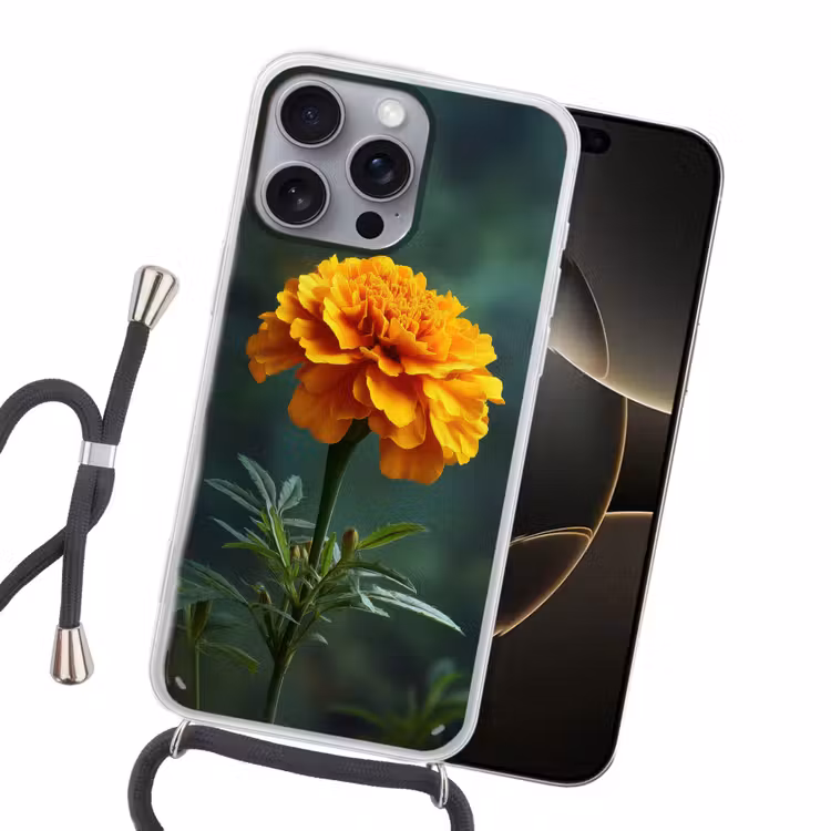 Bloemblaadjes - Afrikaan - Oranje - Wazig Hoesje iPhone 16 Pro Max met koord klein -sfeer1