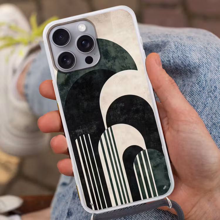 Bogen - Donkergroen - Lijnen Hoesje iPhone 16 Pro Max met koord klein -sfeer3