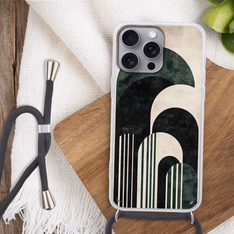Bogen - Donkergroen - Lijnen Hoesje iPhone 16 Pro Max met koord klein -sfeer4