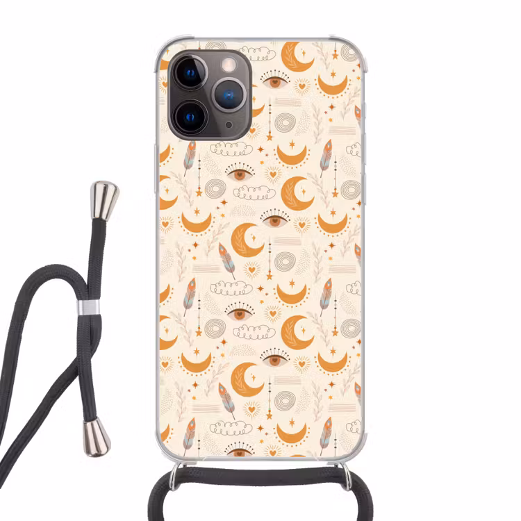 Boho - Print - Ogen - Maan - Veren - Beige Hoesje iPhone 12 Pro met koord klein -3d