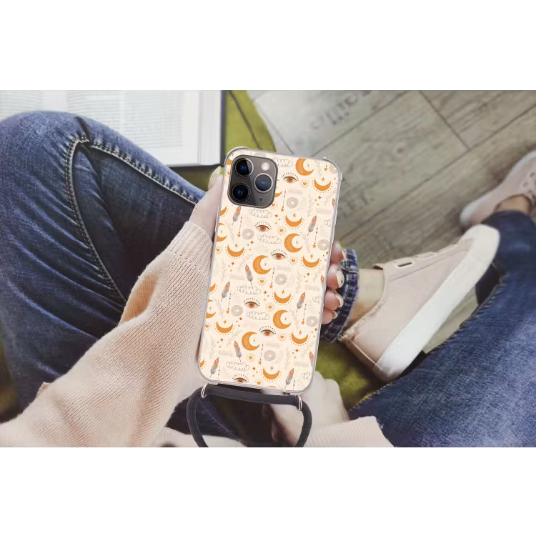 Boho - Print - Ogen - Maan - Veren - Beige Hoesje iPhone 12 Pro met koord klein -hand