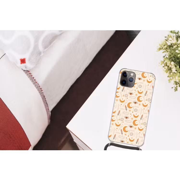 Boho - Print - Ogen - Maan - Veren - Beige Hoesje iPhone 12 Pro met koord klein -kamer