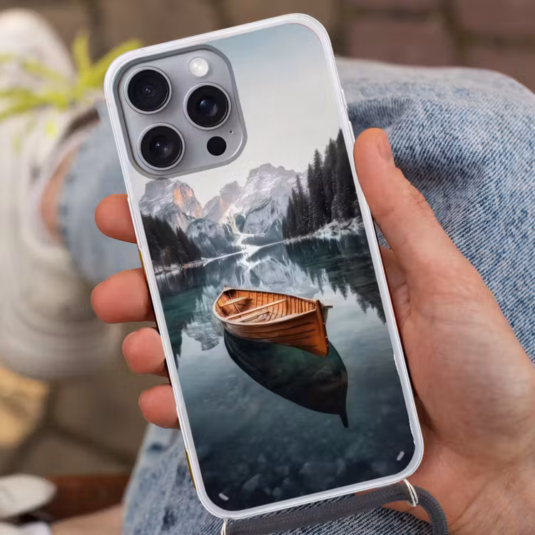 Boot - Bergen - Natuur - Water Hoesje iPhone 16 Pro Max met koord klein -sfeer3