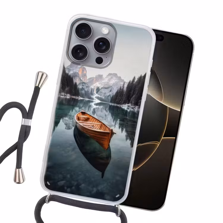 Boot - Bergen - Natuur - Water Hoesje iPhone 16 Pro Max met koord klein -sfeer1