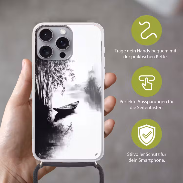 Boot - Rivier - Bamboe - Wit Hoesje iPhone 16 Pro Max met koord klein -sfeer2_DE