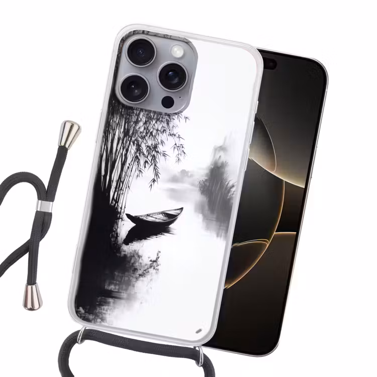 Boot - Rivier - Bamboe - Wit Hoesje iPhone 16 Pro Max met koord klein -sfeer1