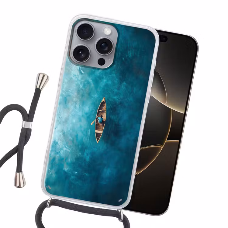Bootje - Water - Blauw Hoesje iPhone 16 Pro Max met koord klein -sfeer1