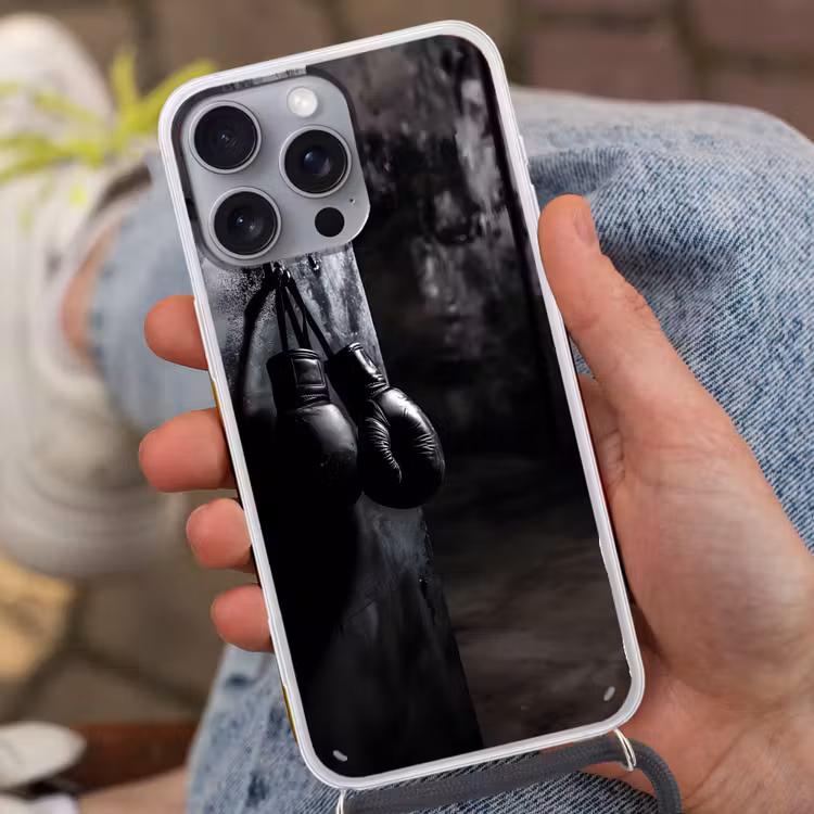 Bokshandschoenen - Muur - Duister - Zwart Hoesje iPhone 16 Pro Max met koord klein -sfeer3