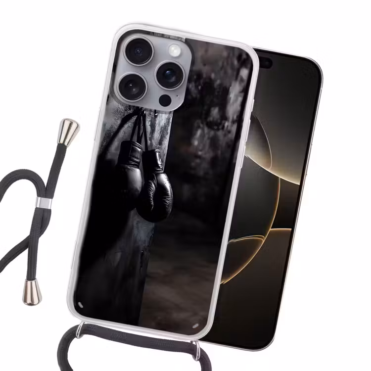 Bokshandschoenen - Muur - Duister - Zwart Hoesje iPhone 16 Pro Max met koord klein -sfeer1
