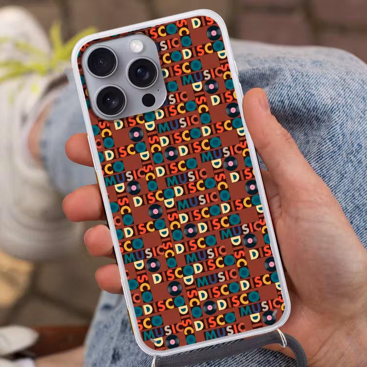Bruin - Retro - Disco - Patroon Hoesje iPhone 16 Pro Max met koord klein 804 -sfeer3