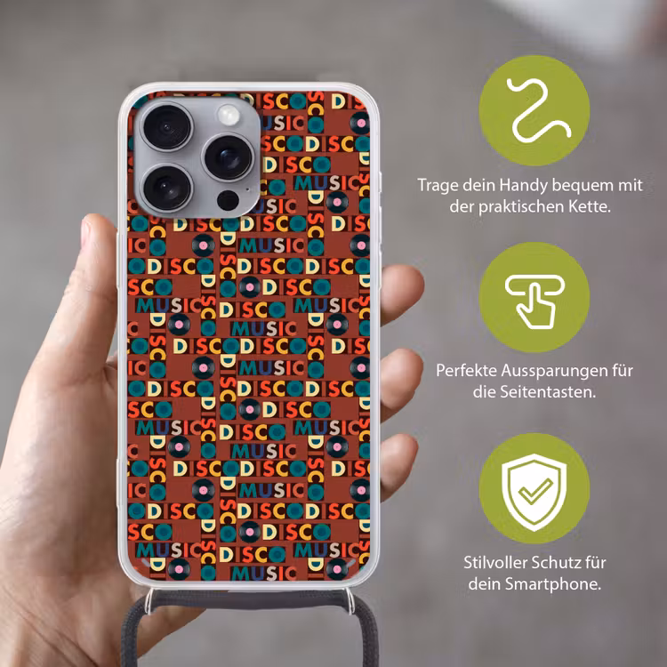 Bruin - Retro - Disco - Patroon Hoesje iPhone 16 Pro Max met koord klein 804 -sfeer2_DE
