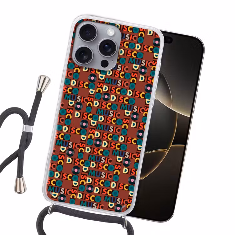 Bruin - Retro - Disco - Patroon Hoesje iPhone 16 Pro Max met koord klein 804 -sfeer1