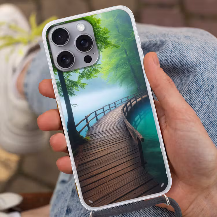 Brug - Water - Rivier - Bos Hoesje iPhone 16 Pro Max met koord klein -sfeer3
