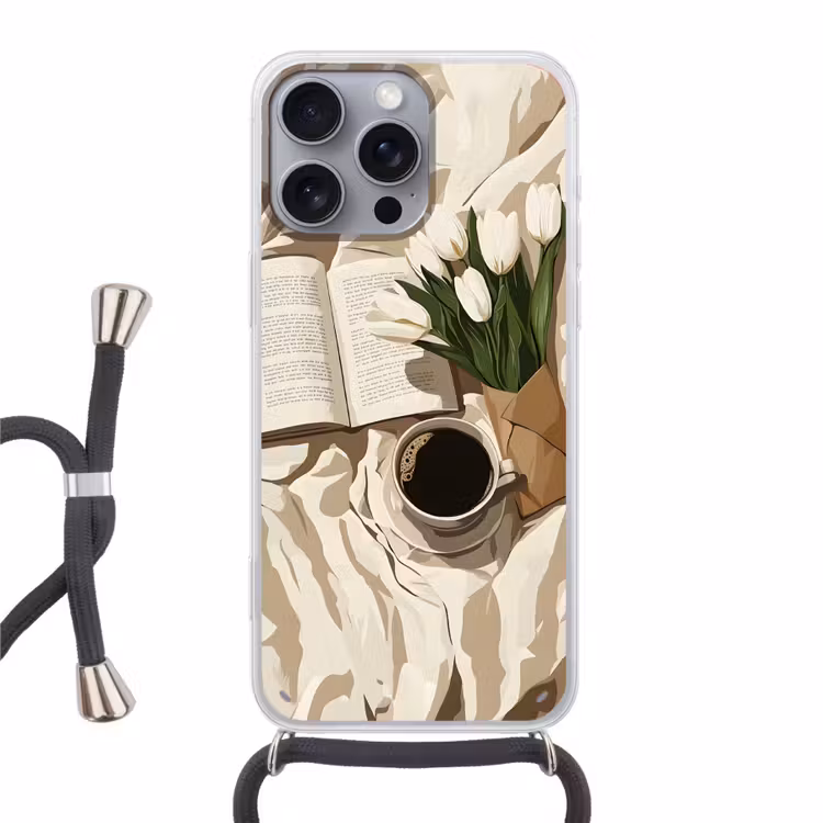 Boek - Illustratie - Tulpen - Koffie Hoesje iPhone 16 Pro Max met koord klein -3d
