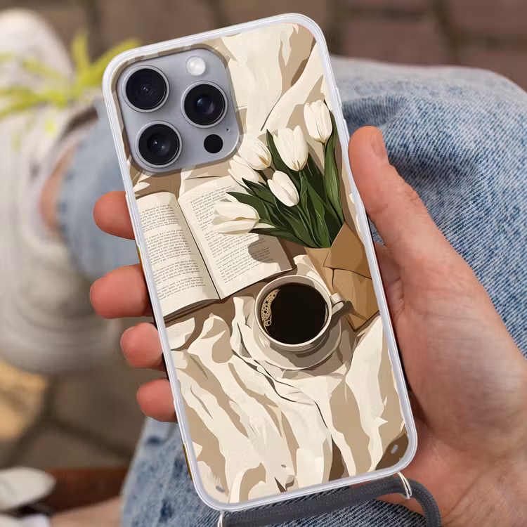 Boek - Illustratie - Tulpen - Koffie Hoesje iPhone 16 Pro Max met koord klein -sfeer3