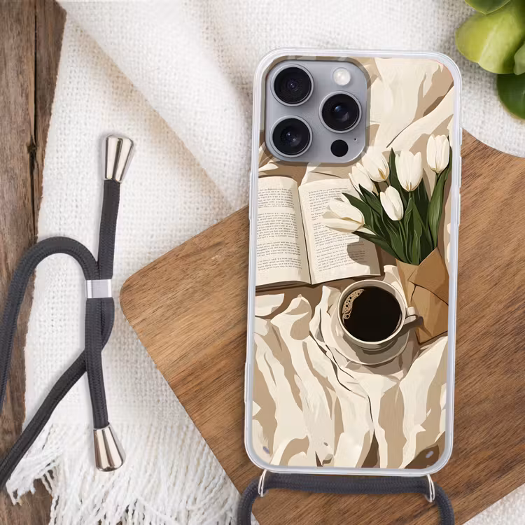 Boek - Illustratie - Tulpen - Koffie Hoesje iPhone 16 Pro Max met koord klein -sfeer4