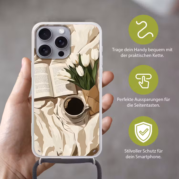 Boek - Illustratie - Tulpen - Koffie Hoesje iPhone 16 Pro Max met koord klein -sfeer2_DE