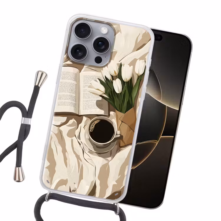 Boek - Illustratie - Tulpen - Koffie Hoesje iPhone 16 Pro Max met koord klein -sfeer1