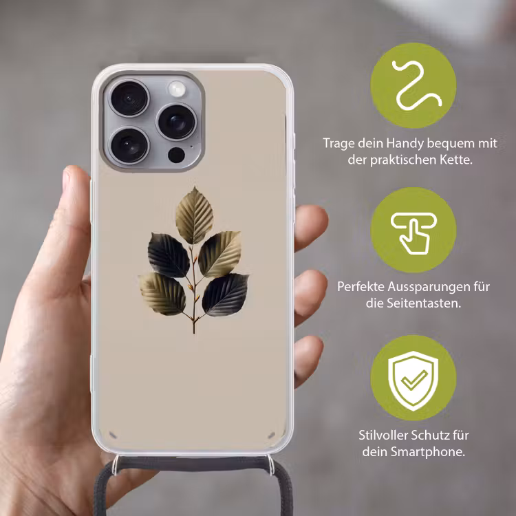 Beukenbladeren - Bruin - Groen - neutraal Hoesje iPhone 16 Pro Max met koord klein -sfeer2_DE
