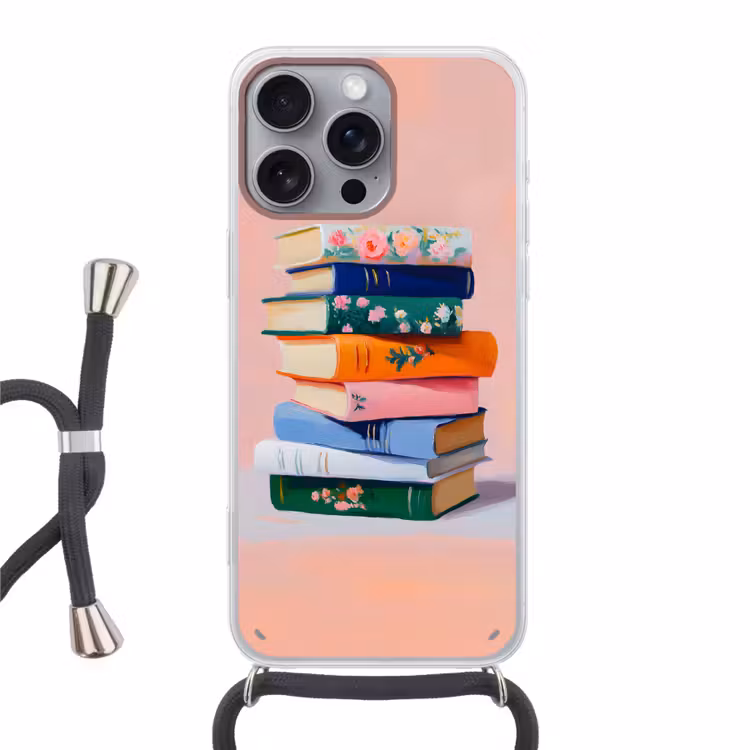 Boeken - Stapel - Kleurrijk Hoesje iPhone 16 Pro Max met koord klein -3d