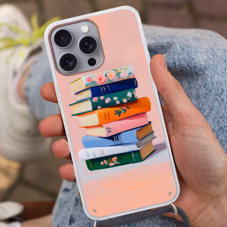 Boeken - Stapel - Kleurrijk Hoesje iPhone 16 Pro Max met koord klein -sfeer3